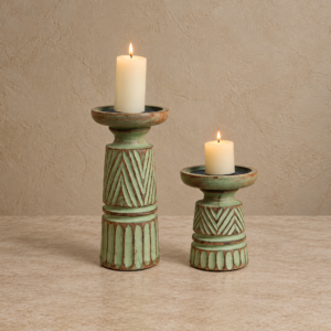 Candle Stand Carved Sage Green set